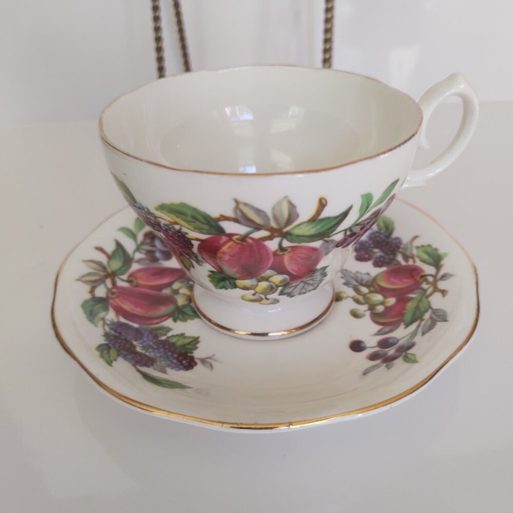 Vintage Queen Anne Bone China Teacup and Saucer Fruit pattern 1960's